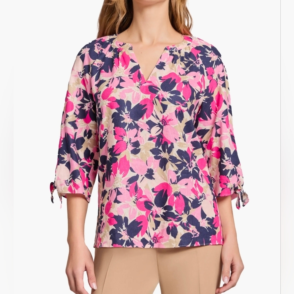 JNY Woman Plus 3/4 Sleeve V-neck Linen Blend Relaxed Fit Tunic: Navy/Pink Floral